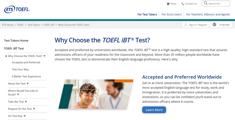 الصفحة الرئيسية لدورة اختبار TOFEL IBT على موقع ETS