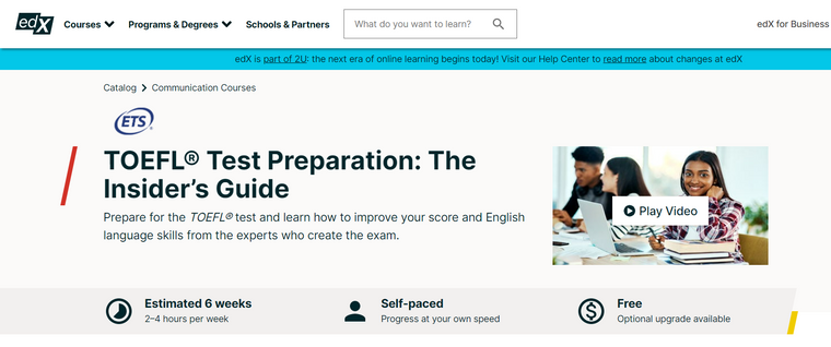 صفحة دورة التوفل على منصة edx