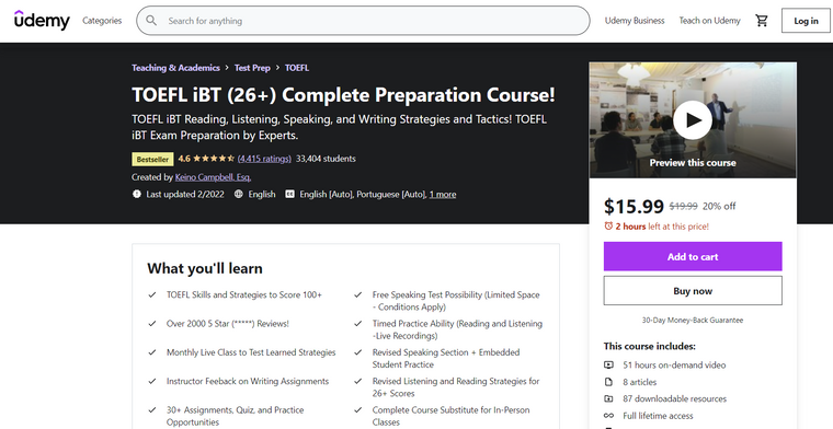 صورة لصفحة دورة التوفل على موقع Udemy