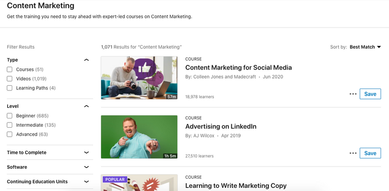 دورات لينكد إن المجانية في تسويق المحتوى