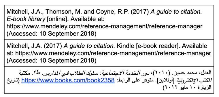 أمثلة على توثيق الكتب الإلكترونية بطريقة هارفارد